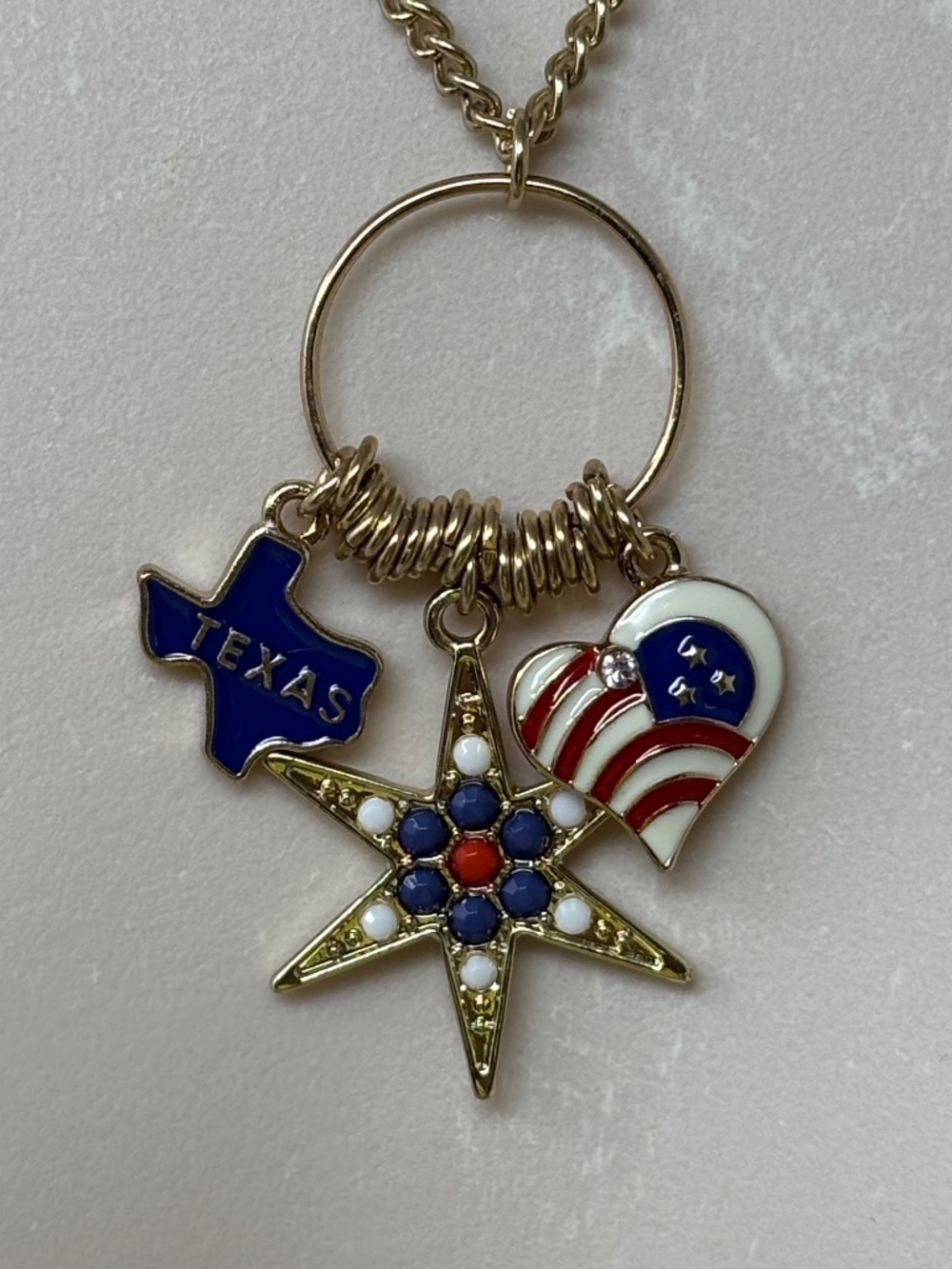 Gennaro Womens Texas Charm Necklace Gold Tone Red White Blue Star Heart 18" + 3"